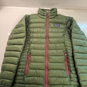 Patagonia Women's Olive Puffer Jacket with Pink Zippers